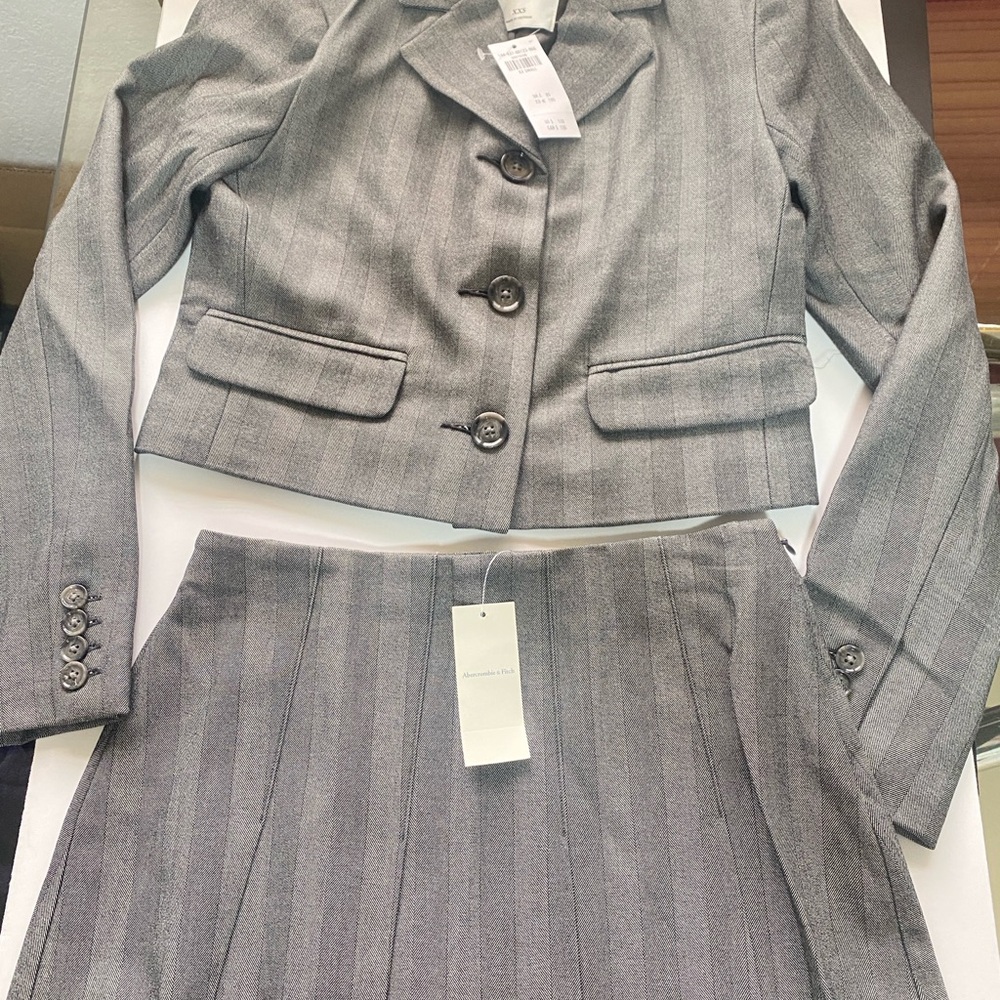 Abercrombie & Fitch Gray Pinstripe Cropped Blazer and Pleated Skirt Set - Picture 9 of 13